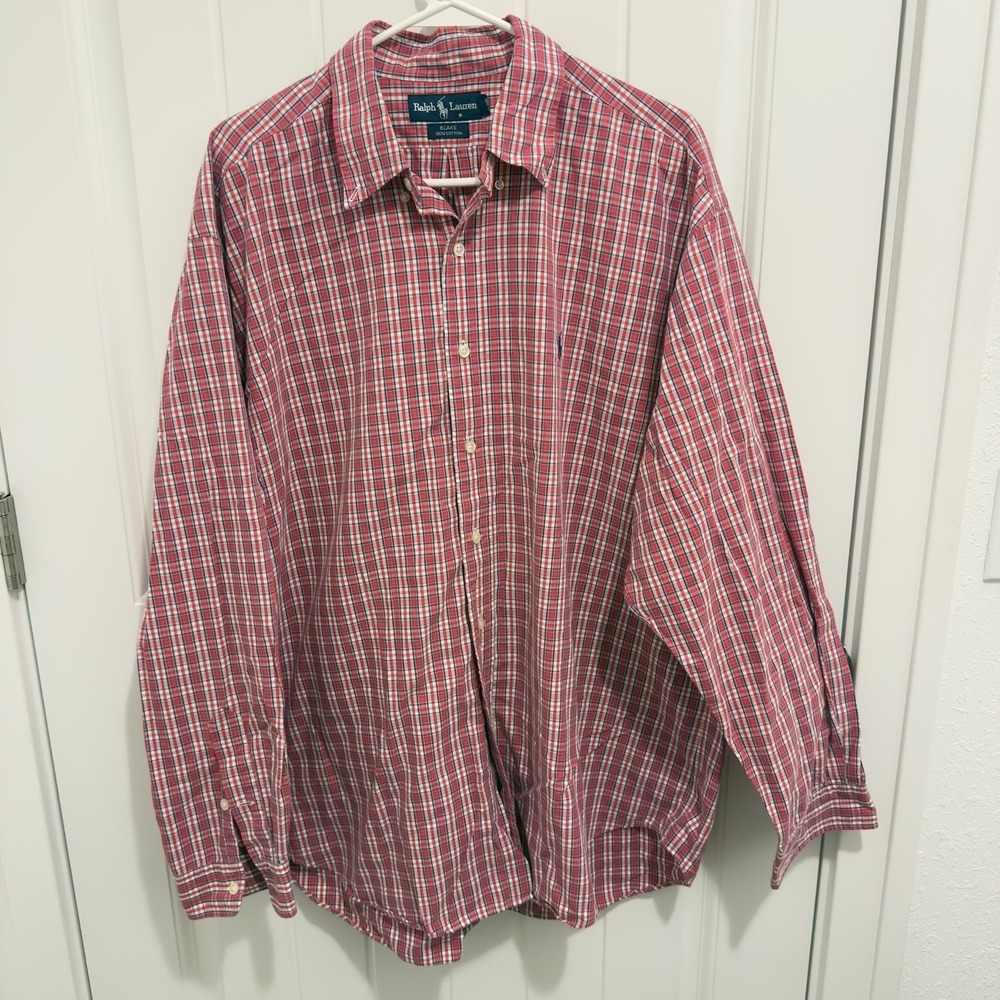 Ralph Lauren Men's Long Sleeve Button Up Shirt Red White Navy Plaid Size XL